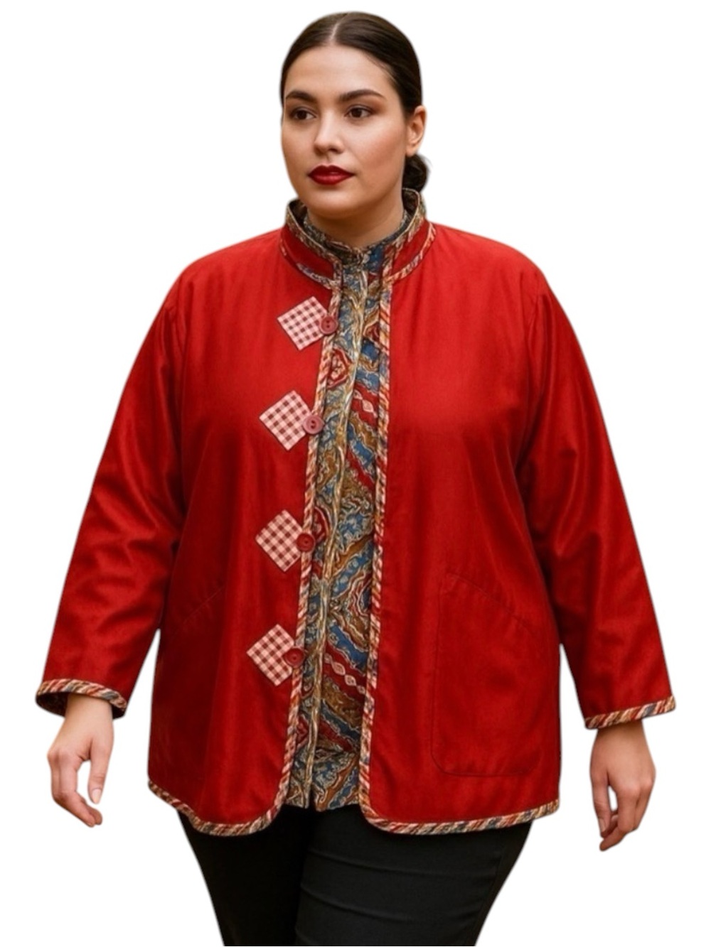 KOOS of Course! Reversible Silk Red Gingham & Bold Print Jacket Blazer 1X
